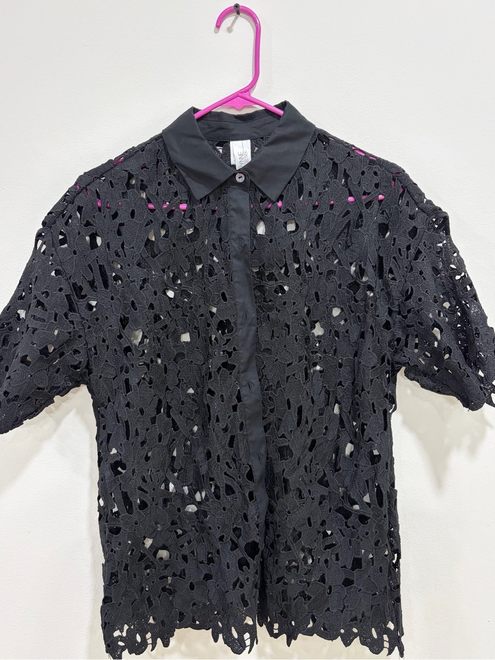 Black Lace Button-Down Shirt with Pointed Collar